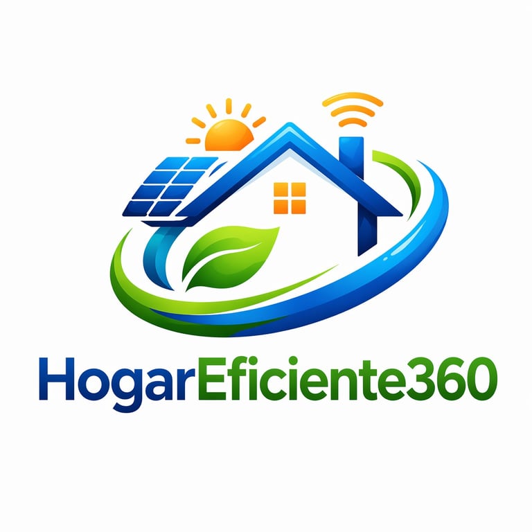 HogarEficiente360 logo with house, solar panels, wifi symbol, leaves, and sun icon in blue and green